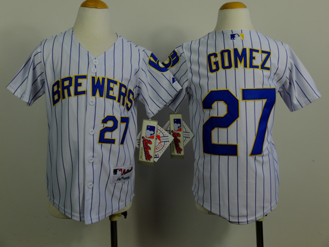 Youth Milwaukee Brewers 27 Gomez White Stripe MLB Jerseys